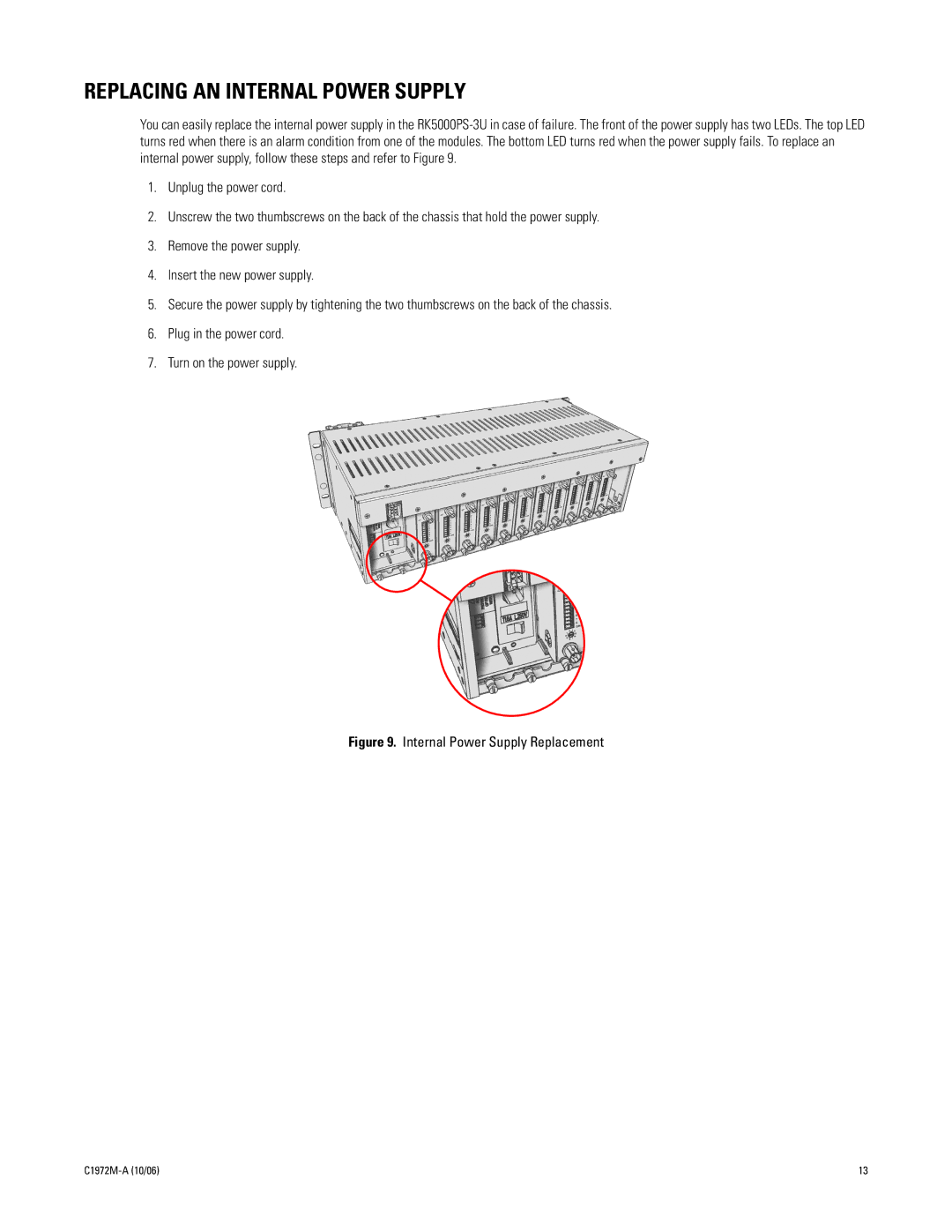 Pelco RK5000-3U manual Replacing AN Internal Power Supply, Internal Power Supply Replacement 