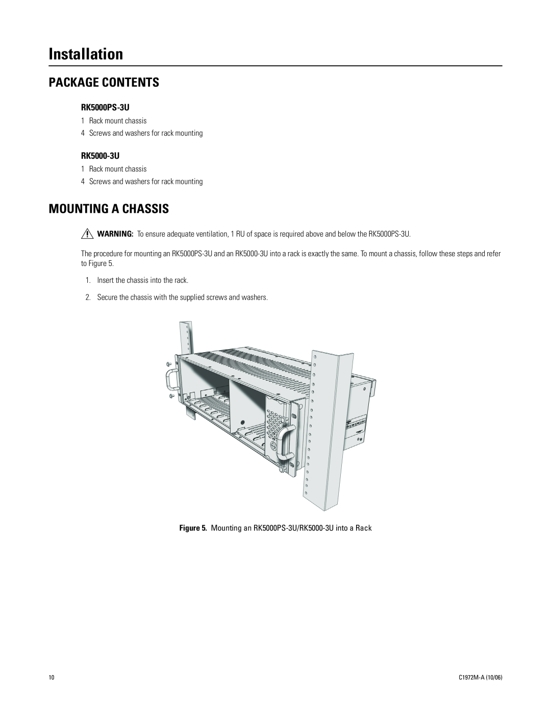 Pelco RK5000-3U manual Installation, Package Contents, Mounting A Chassis, RK5000PS-3U 
