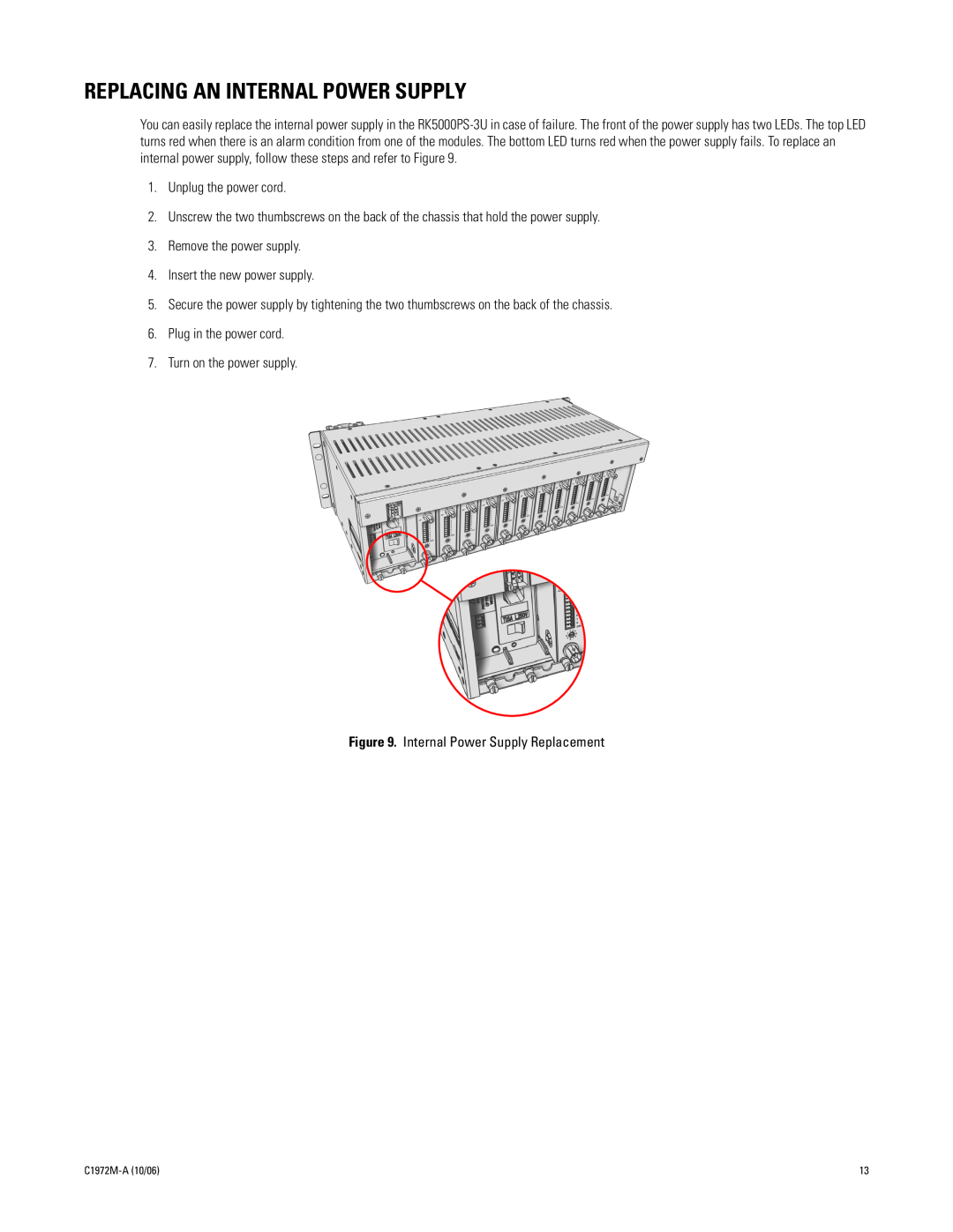 Pelco RK5000-3U manual Replacing An Internal Power Supply 