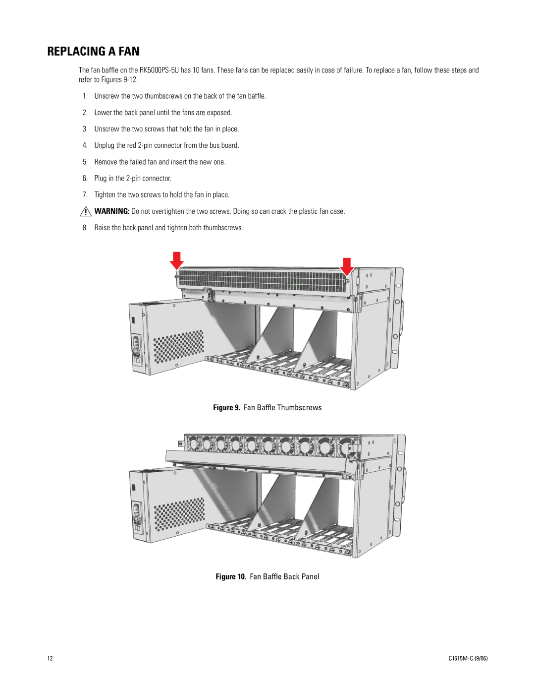 Pelco RK5000PS-5U manual Replacing a FAN, Fan Baffle Thumbscrews 