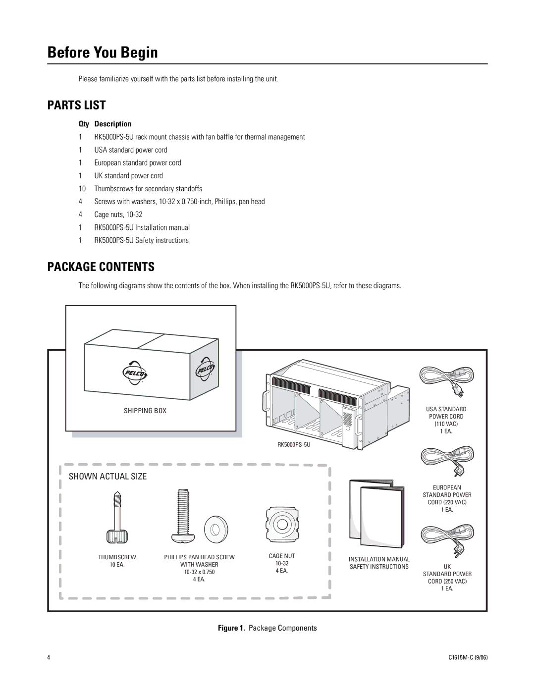 Pelco RK5000PS-5U manual Before You Begin, Parts List, Package Contents 