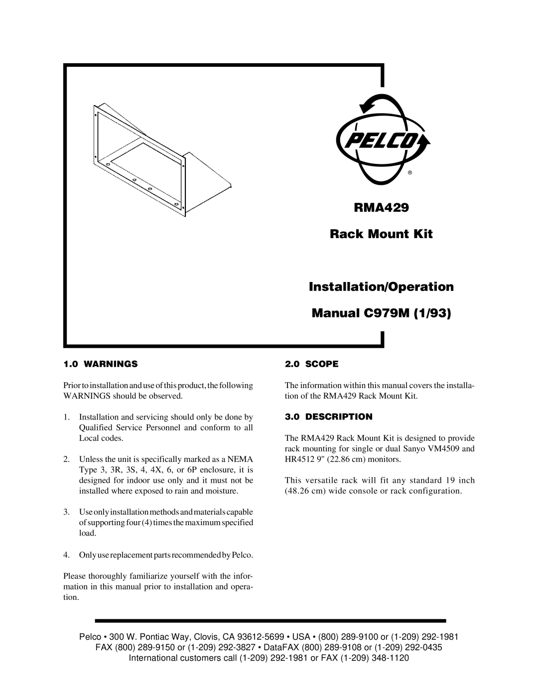 Pelco RMA429 operation manual Scope, Description 