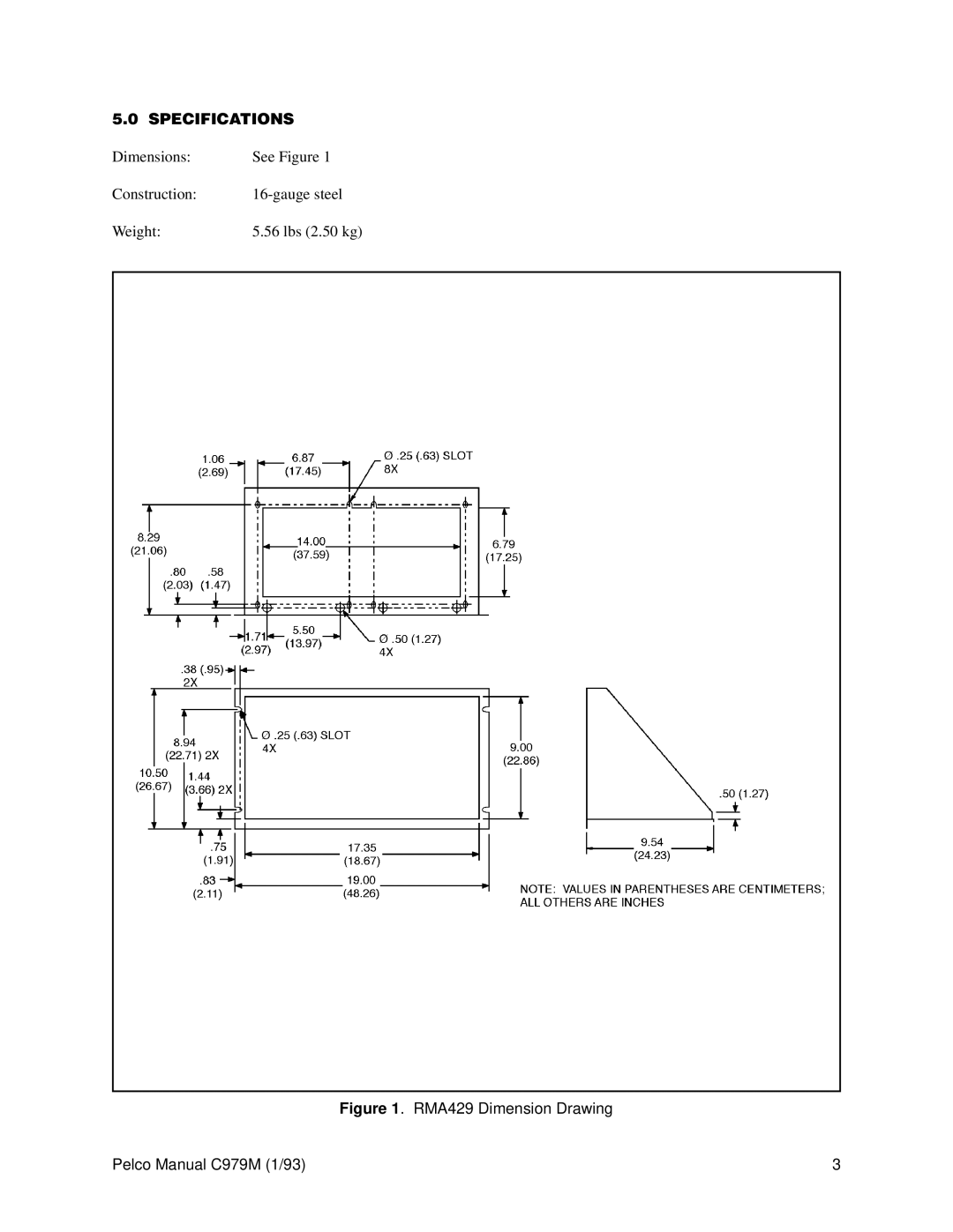 Pelco operation manual Specifications, RMA429 Dimension Drawing Pelco Manual C979M 1/93 