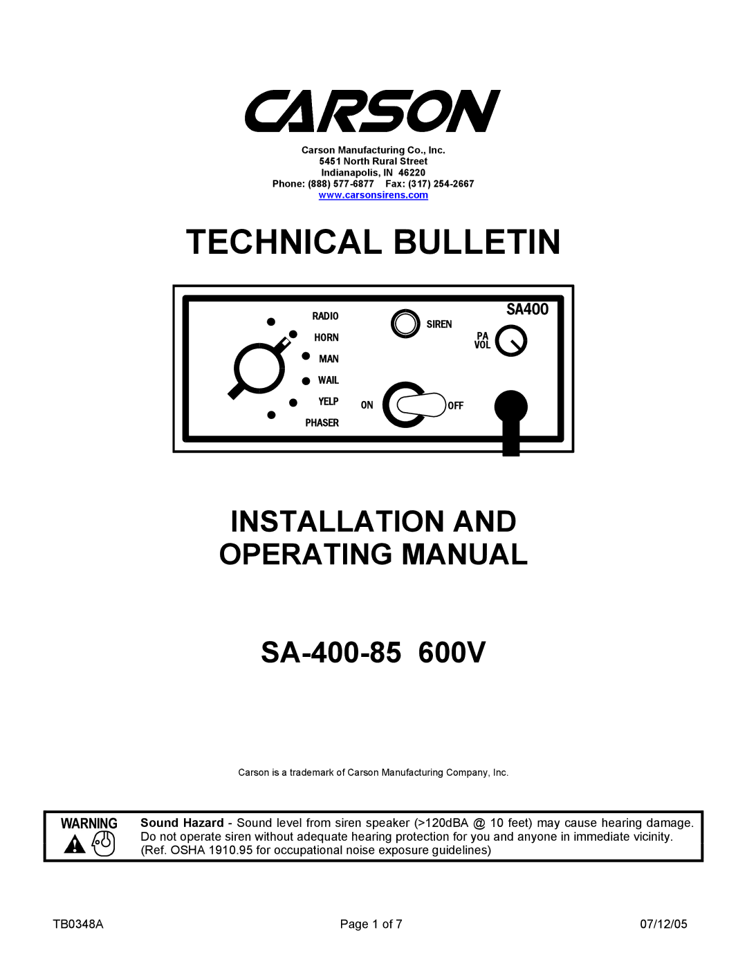 Pelco SA-400-85 manual Technical Bulletin 