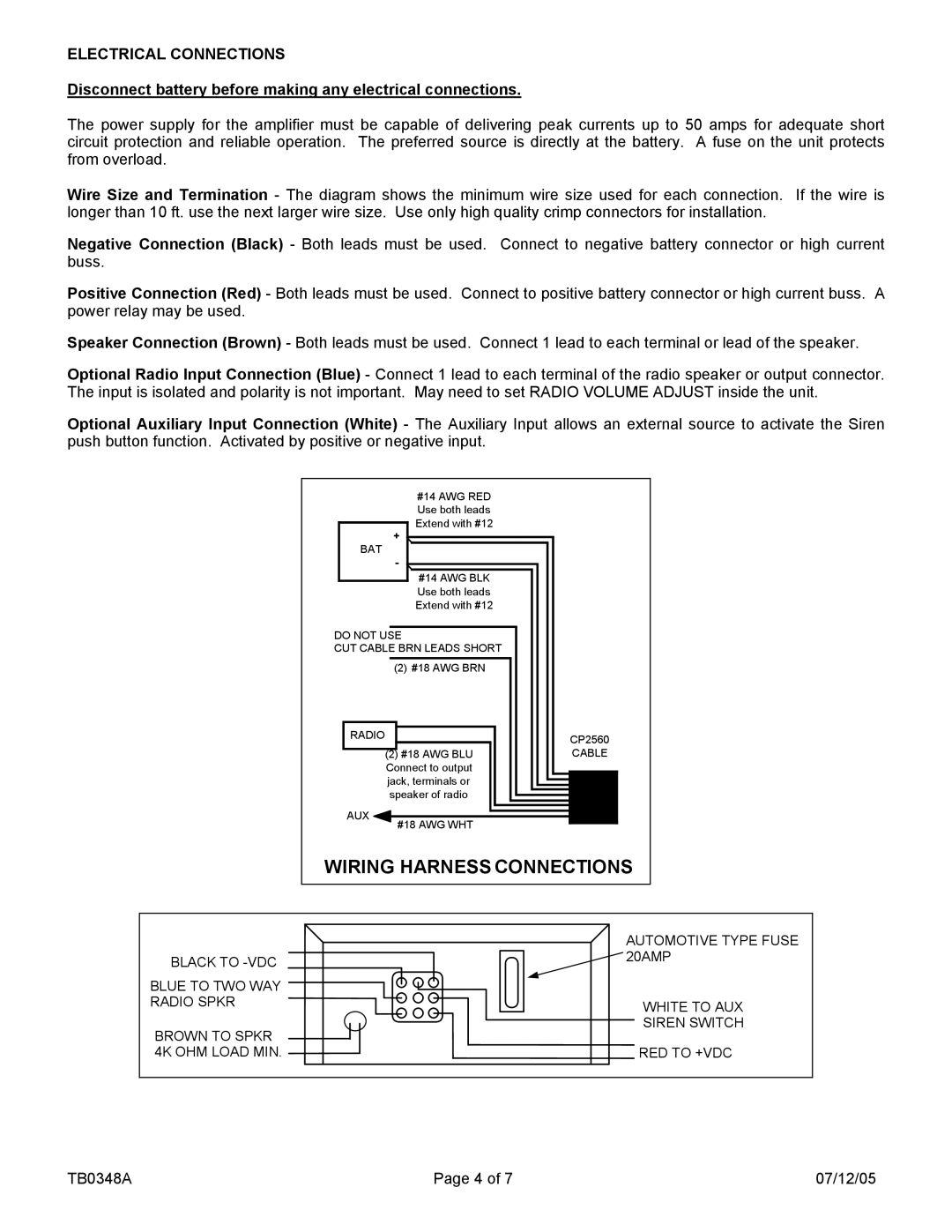 Pelco SA-400-85 manual Wiring Harness Connections, Electrical Connections 