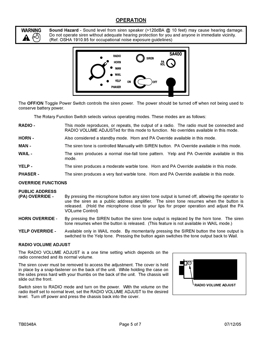 Pelco SA-400-85 manual Operation 