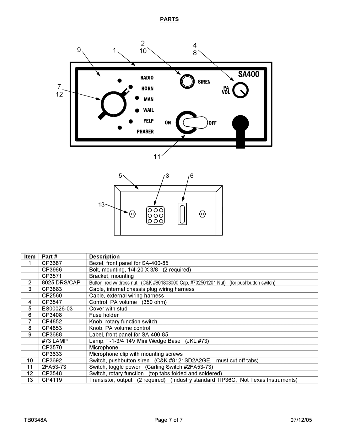 Pelco SA-400-85 manual Parts, Description 