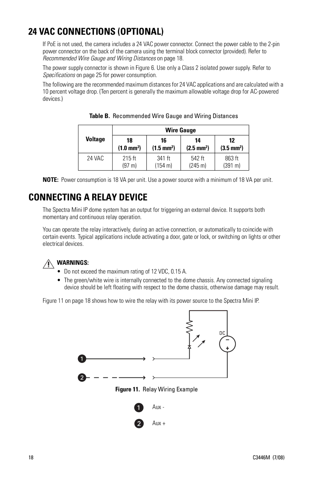 Pelco SD4N-W0-X, SD4N-W1-X, SD4N-B0-X, SD4N-B1-X manual VAC Connections Optional, Connecting a Relay Device, Wire Gauge 