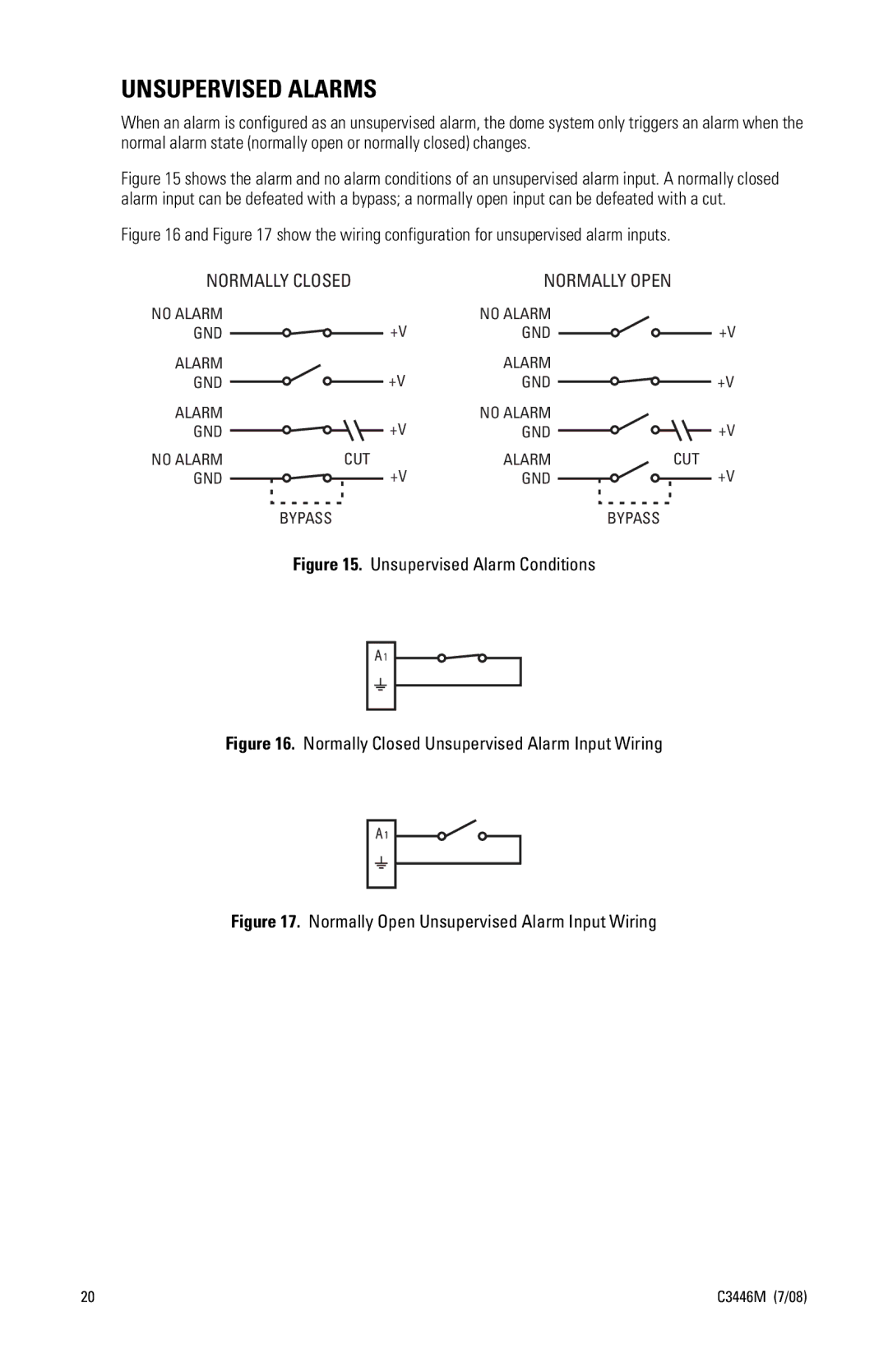 Pelco SD4N-B1-X, SD4N-W1-X, SD4N-B0-X Unsupervised Alarms, Show the wiring configuration for unsupervised alarm inputs 