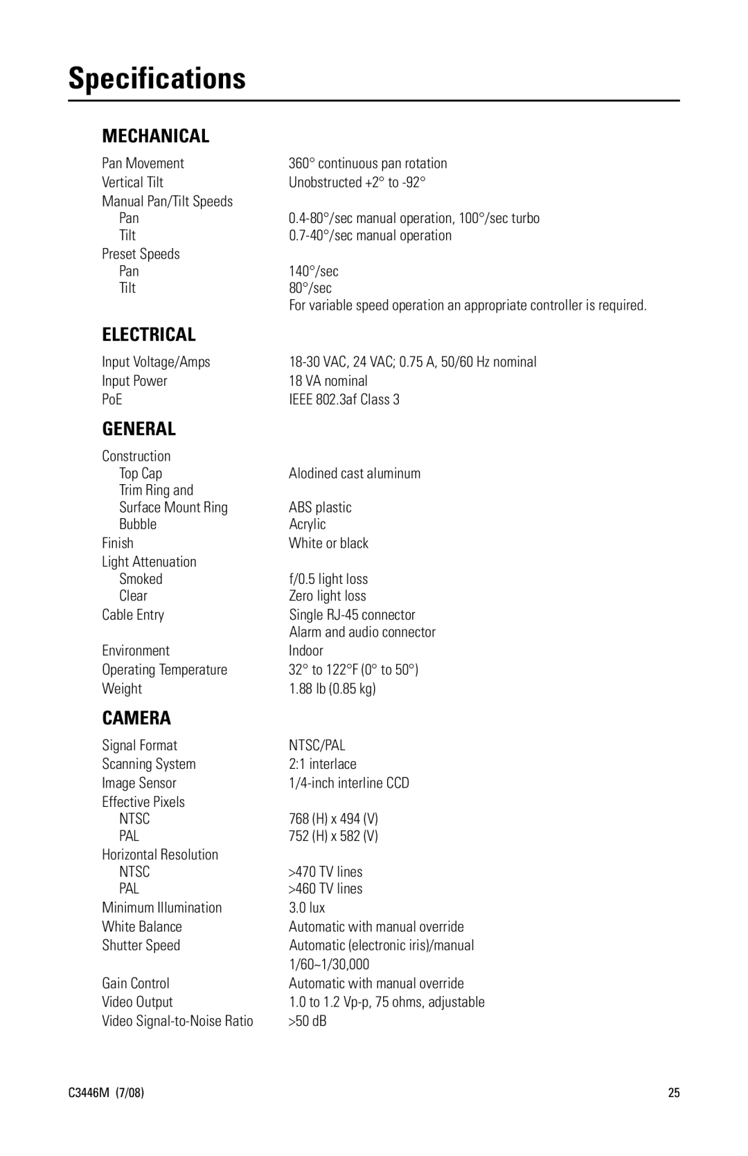 Pelco SD4N-W0-X, SD4N-W1-X, SD4N-B0-X, SD4N-B1-X manual Specifications, Mechanical 