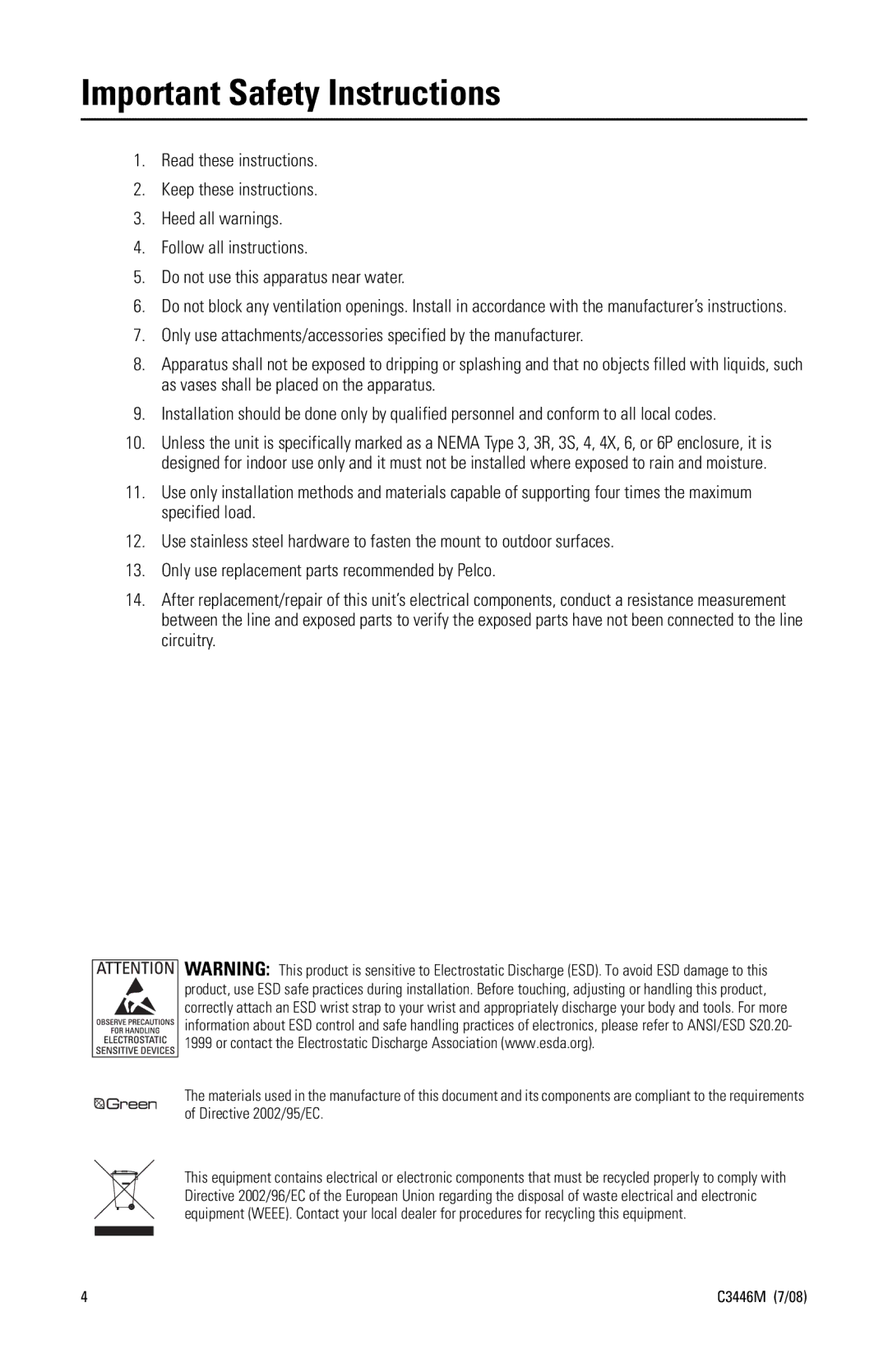 Pelco SD4N-W0-X, SD4N-W1-X, SD4N-B0-X, SD4N-B1-X manual Important Safety Instructions 