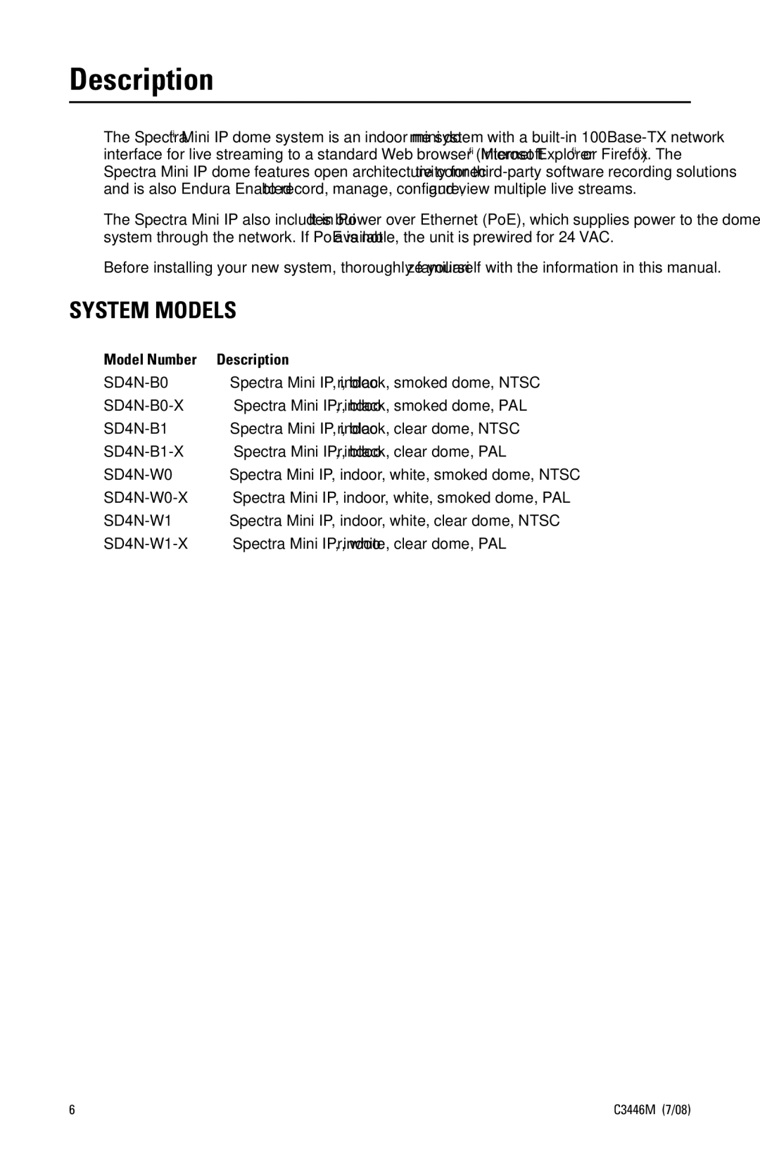 Pelco SD4N-B1-X, SD4N-W1-X, SD4N-B0-X, SD4N-W0-X manual Description, System Models 