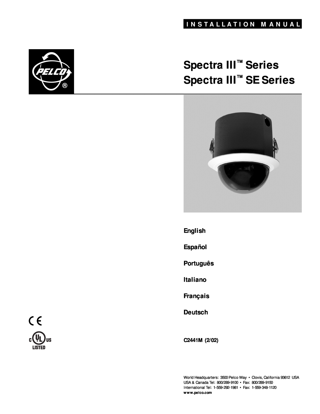 Pelco SE SERIES installation manual Spectra III Series Spectra III SE Series, I N S T A L L A T I O N M A N U A L, Deutsch 