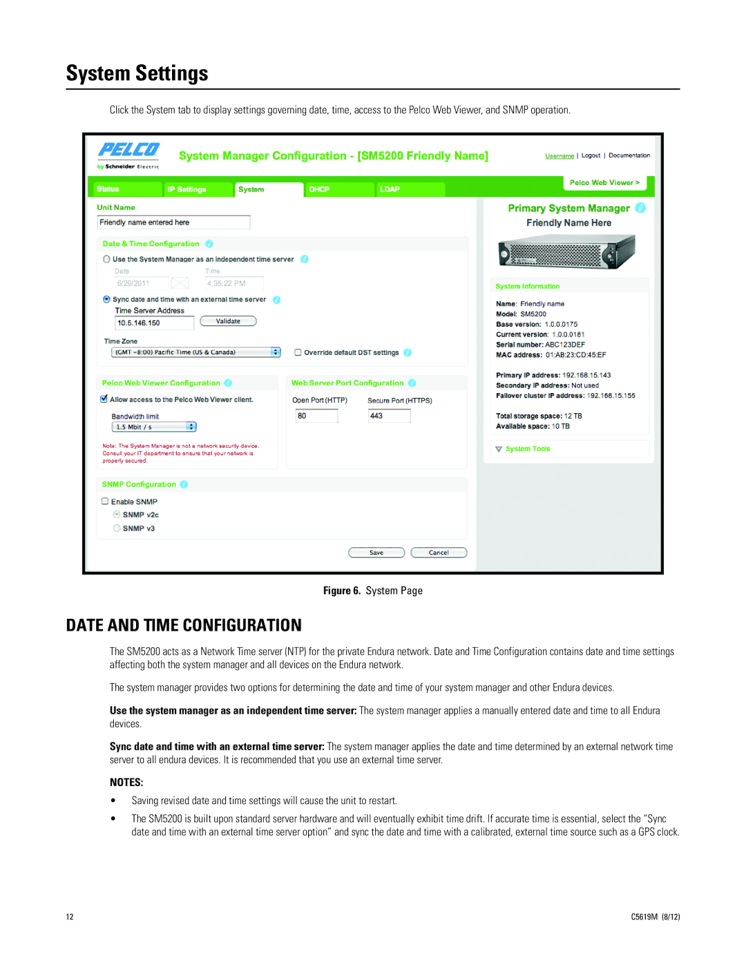 Pelco SM5200 manual System Settings, Date and Time Configuration 