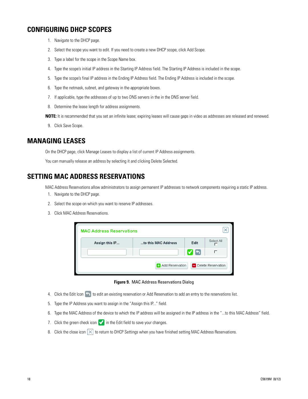 Pelco SM5200 manual Configuring Dhcp Scopes, Managing Leases, Setting MAC Address Reservations 