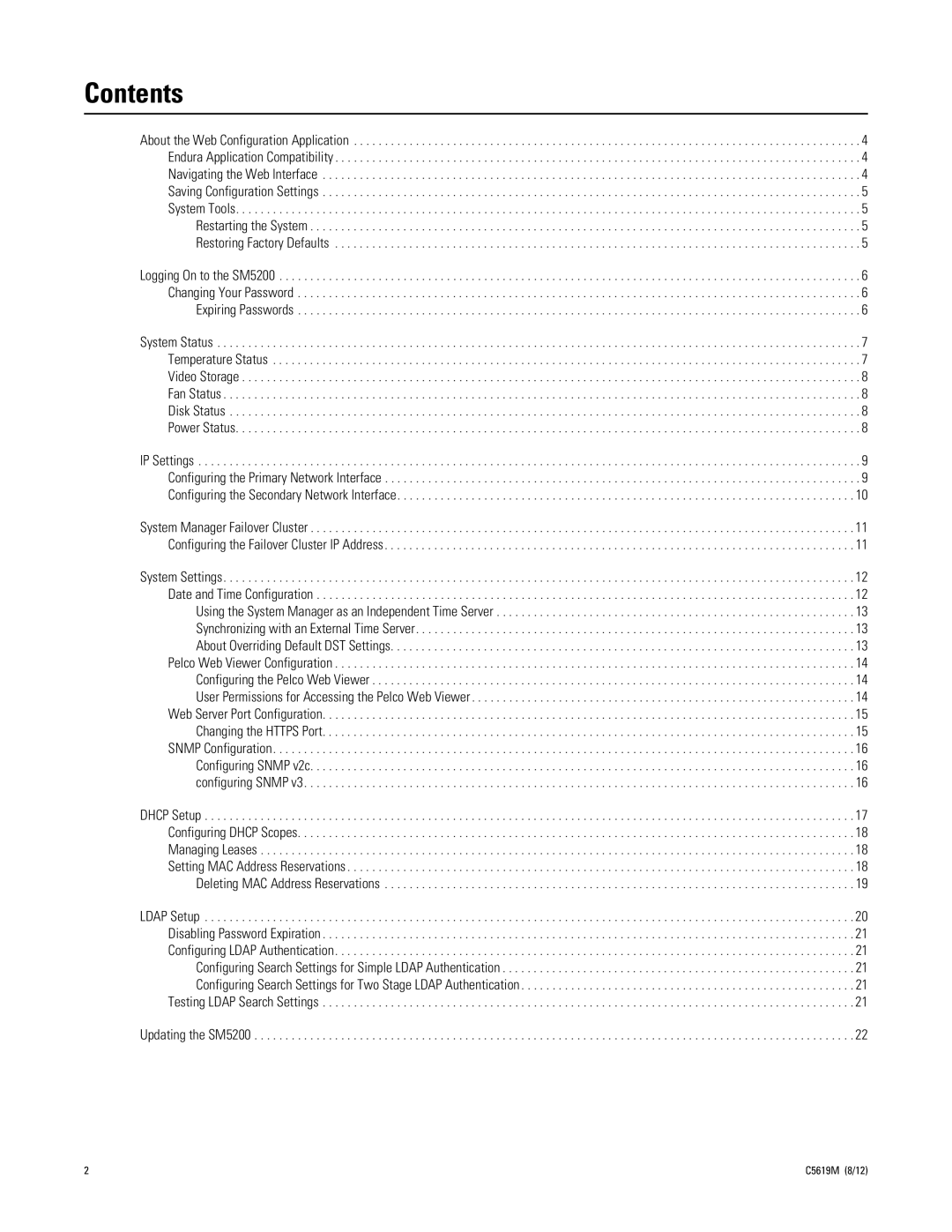 Pelco SM5200 manual Contents 