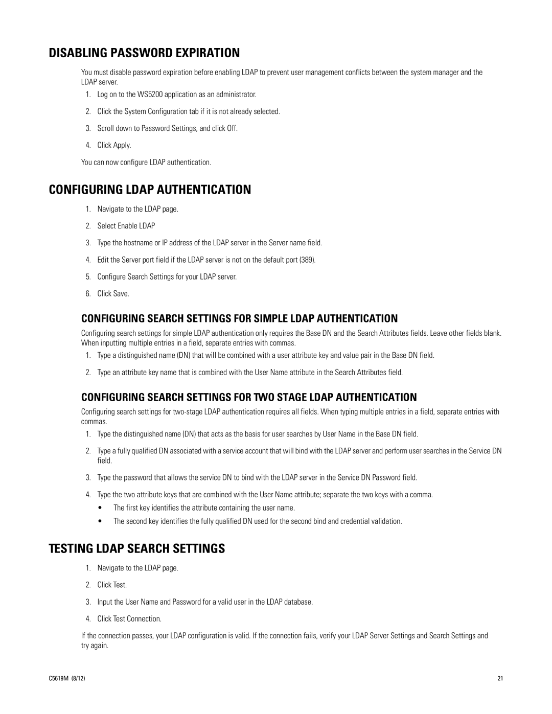 Pelco SM5200 manual Disabling Password Expiration, Configuring Ldap Authentication, Testing Ldap Search Settings 