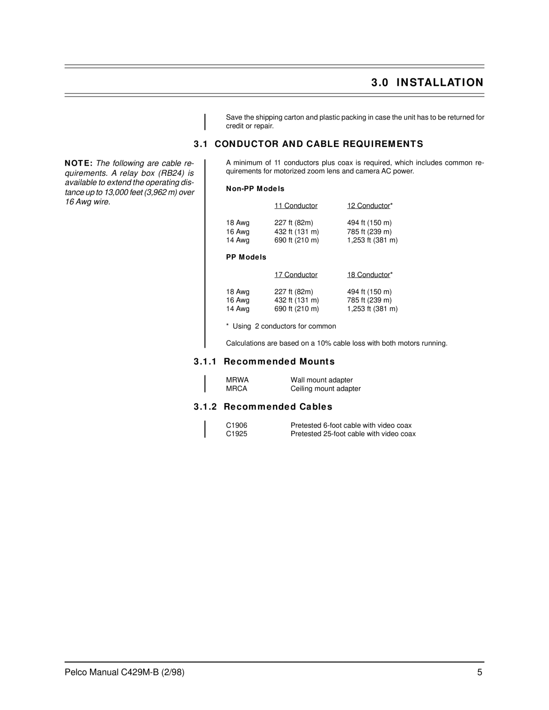 Pelco SS2002, SS22, SS2000 operation manual Installation, Conductor and Cable Requirements 