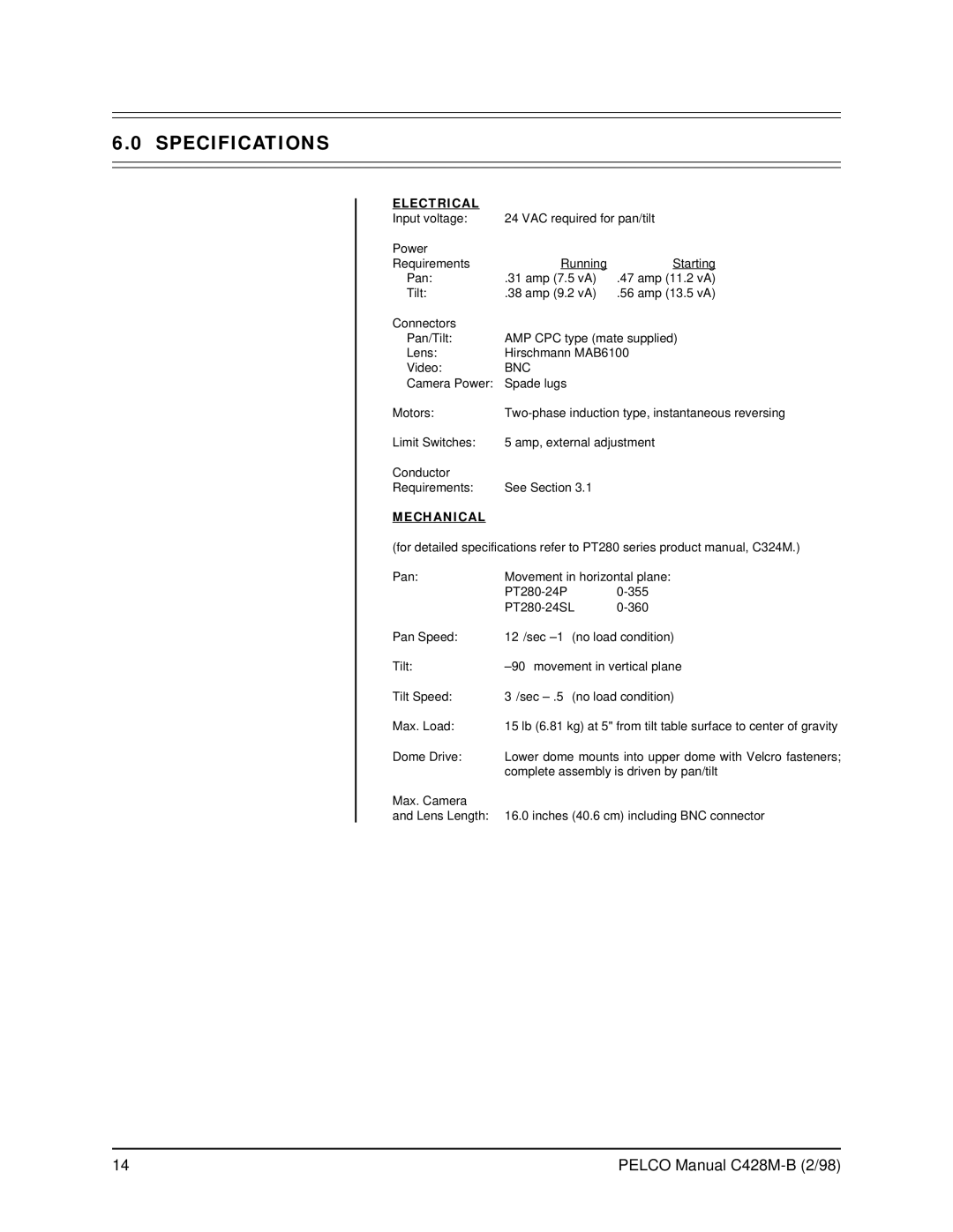 Pelco SS3002 operation manual Specifications, Electrical 