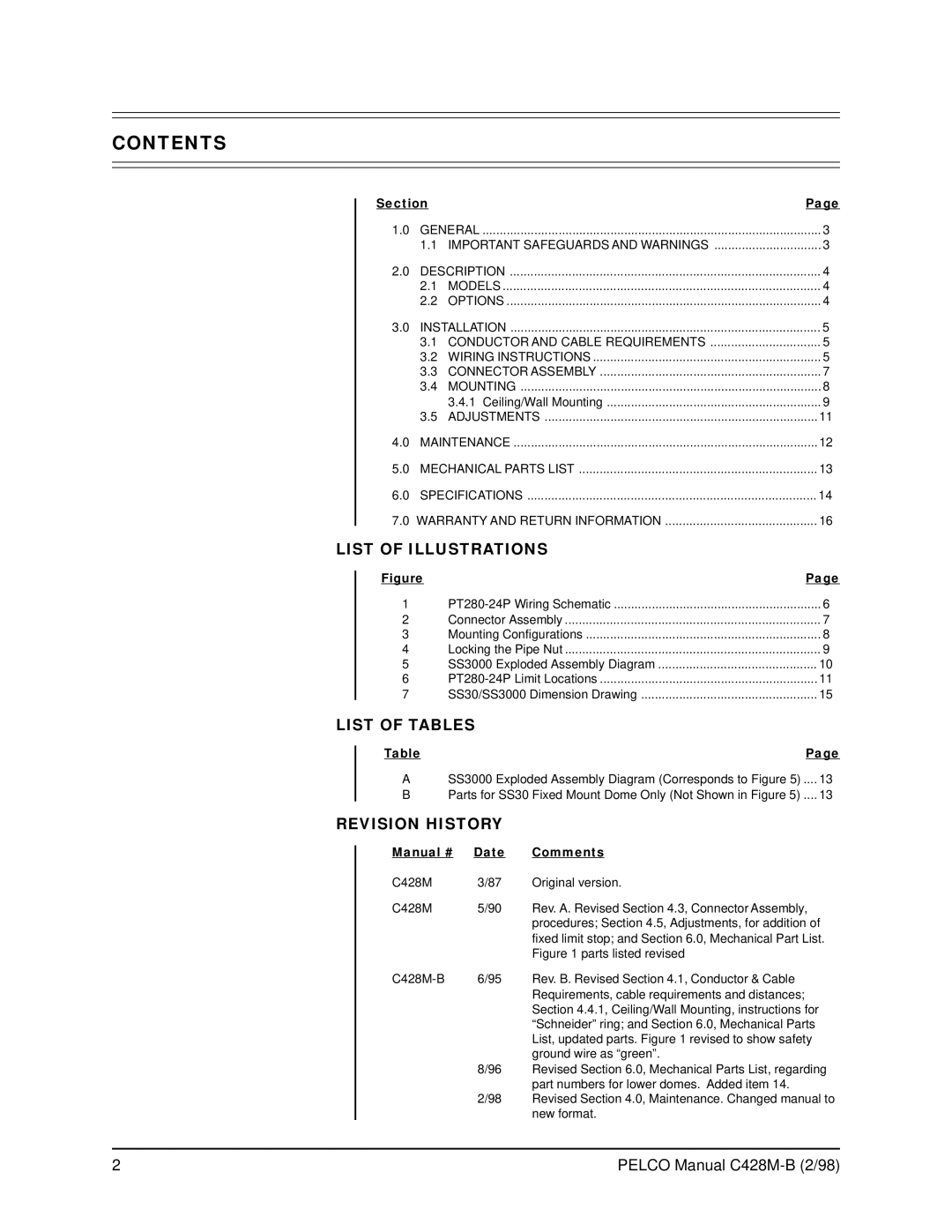 Pelco SS3002 operation manual Contents 