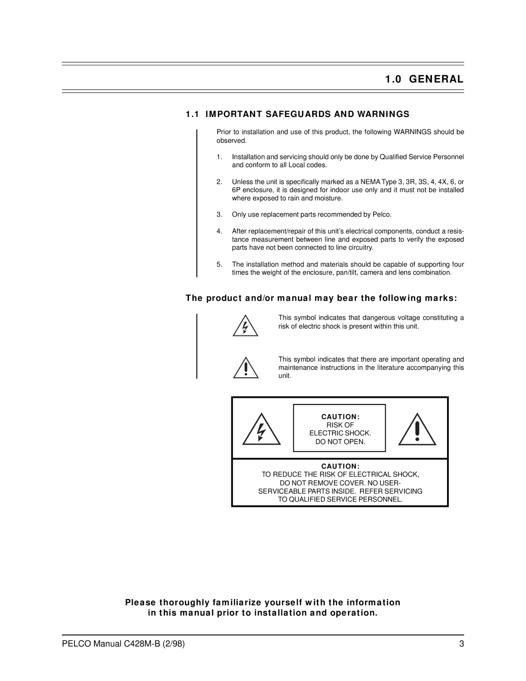 Pelco SS3002 operation manual General, Important Safeguards and Warnings 