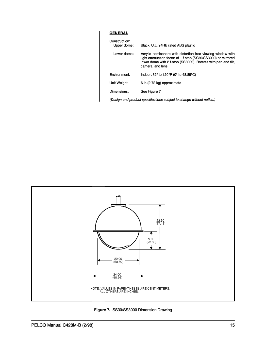 Pelco SS3002 operation manual PELCO Manual C428M-B2/98, SS30/SS3000 Dimension Drawing, General 