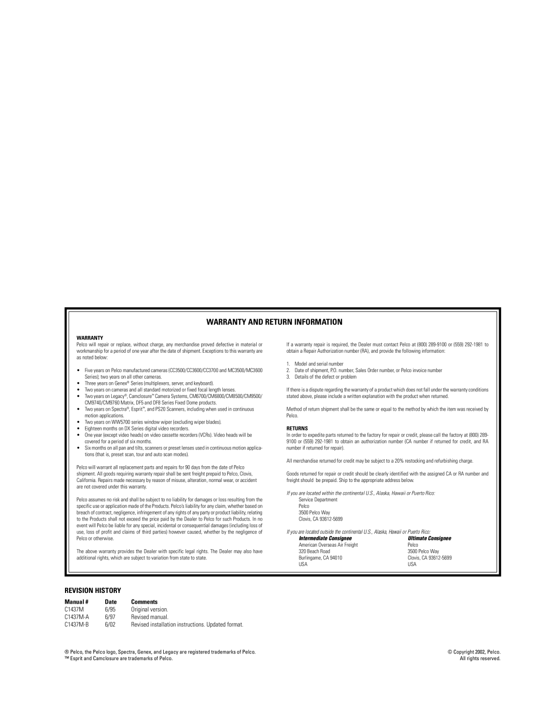 Pelco SS3512, SS3515 manual Warranty and Return Information 