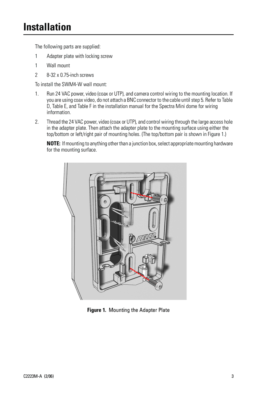 Pelco SWM4-W manual Installation, Mounting the Adapter Plate 