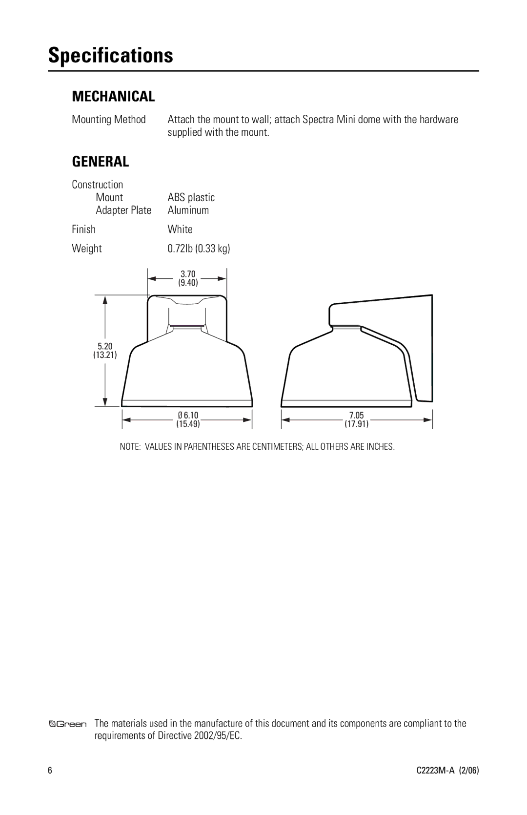 Pelco SWM4-W manual Specifications, Mechanical 