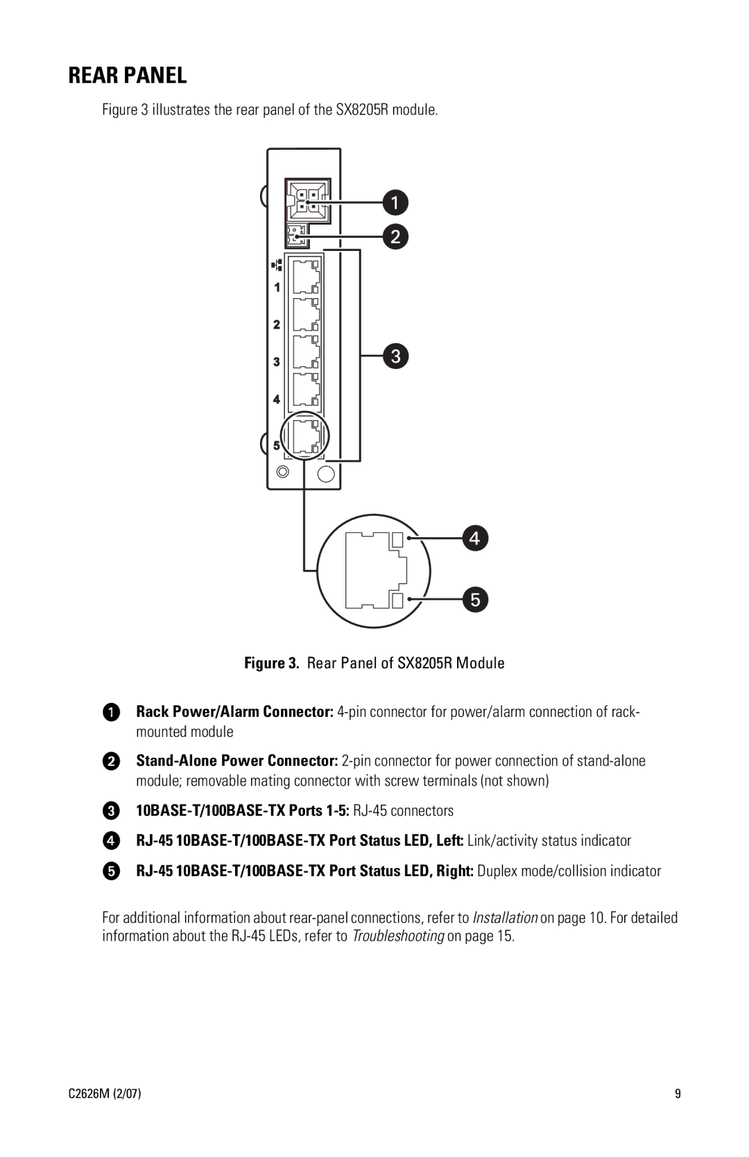 Pelco manual Rear Panel, Illustrates the rear panel of the SX8205R module 