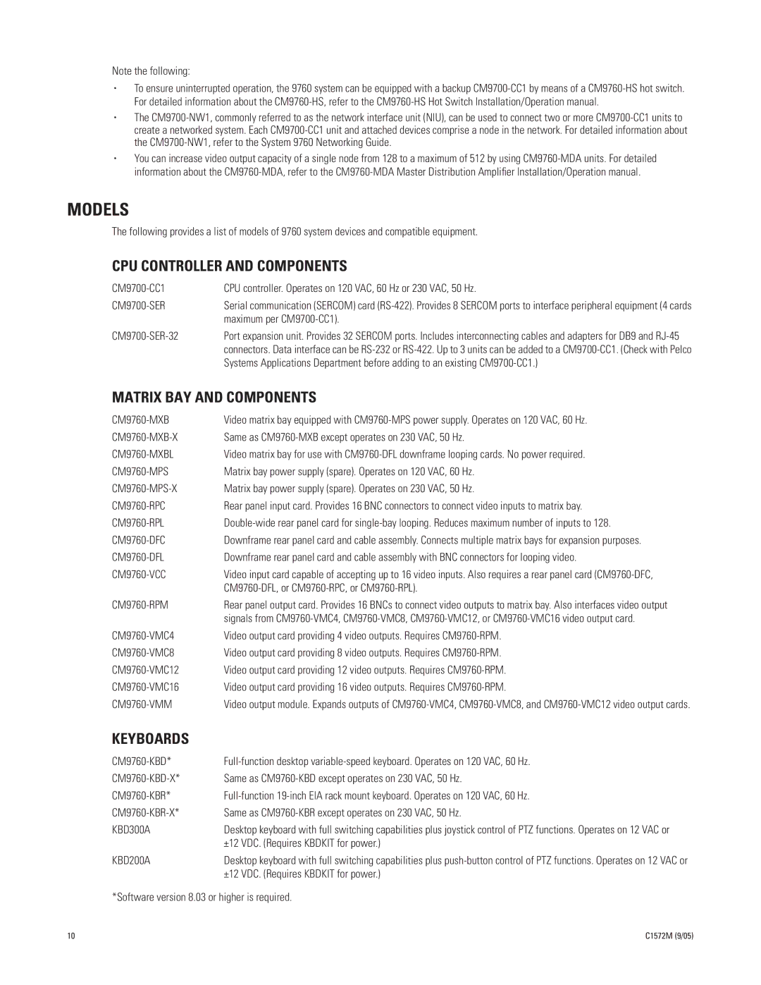 Pelco System 9760 manual Models, CPU Controller and Components, Matrix BAY and Components, Keyboards 