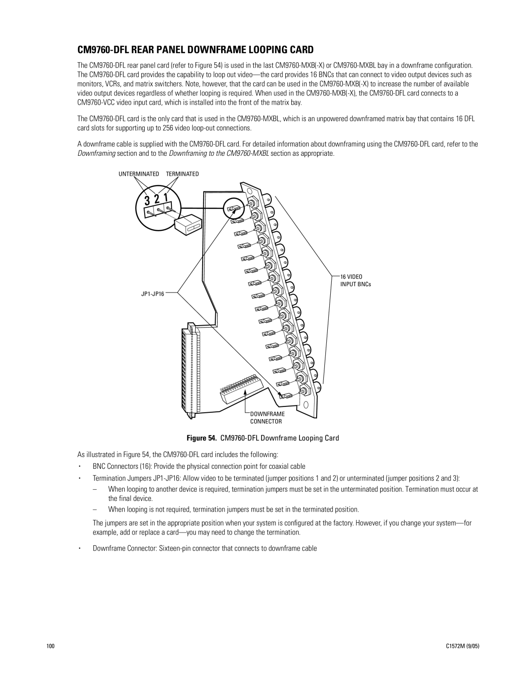 Pelco System 9760 manual CM9760-DFL Rear Panel Downframe Looping Card 