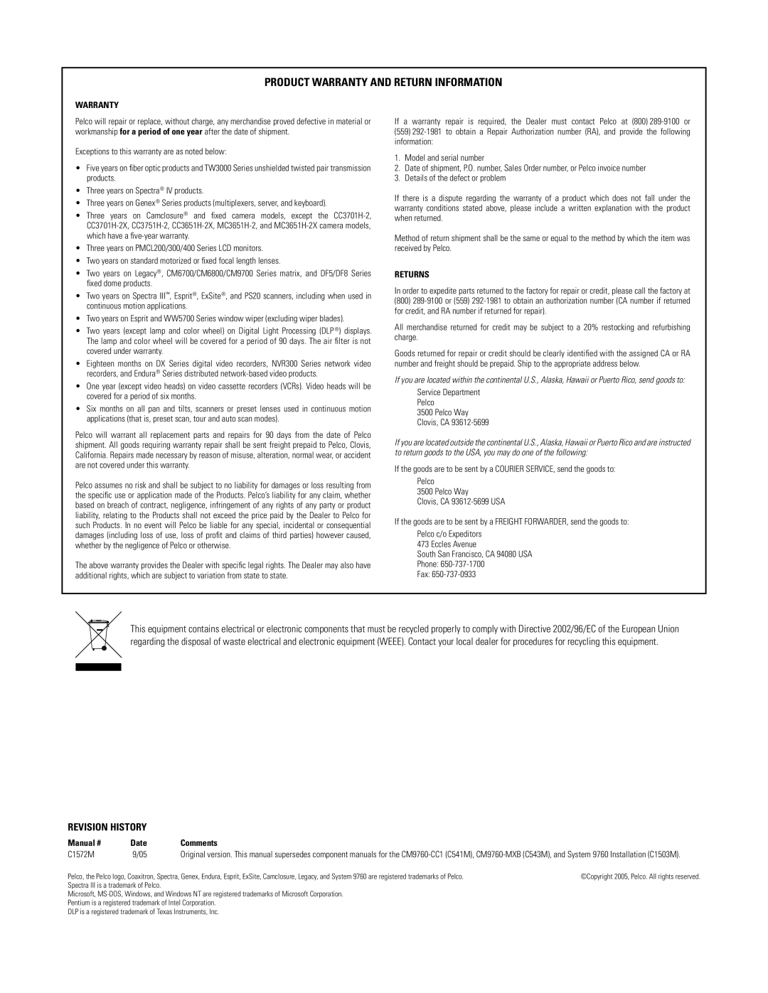 Pelco System 9760 manual Product Warranty and Return Information 