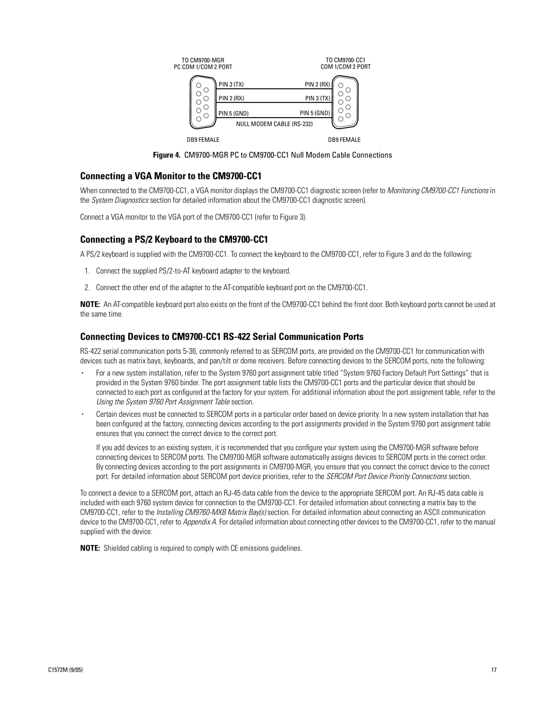 Pelco System 9760 manual Connecting a VGA Monitor to the CM9700-CC1, Connecting a PS/2 Keyboard to the CM9700-CC1 