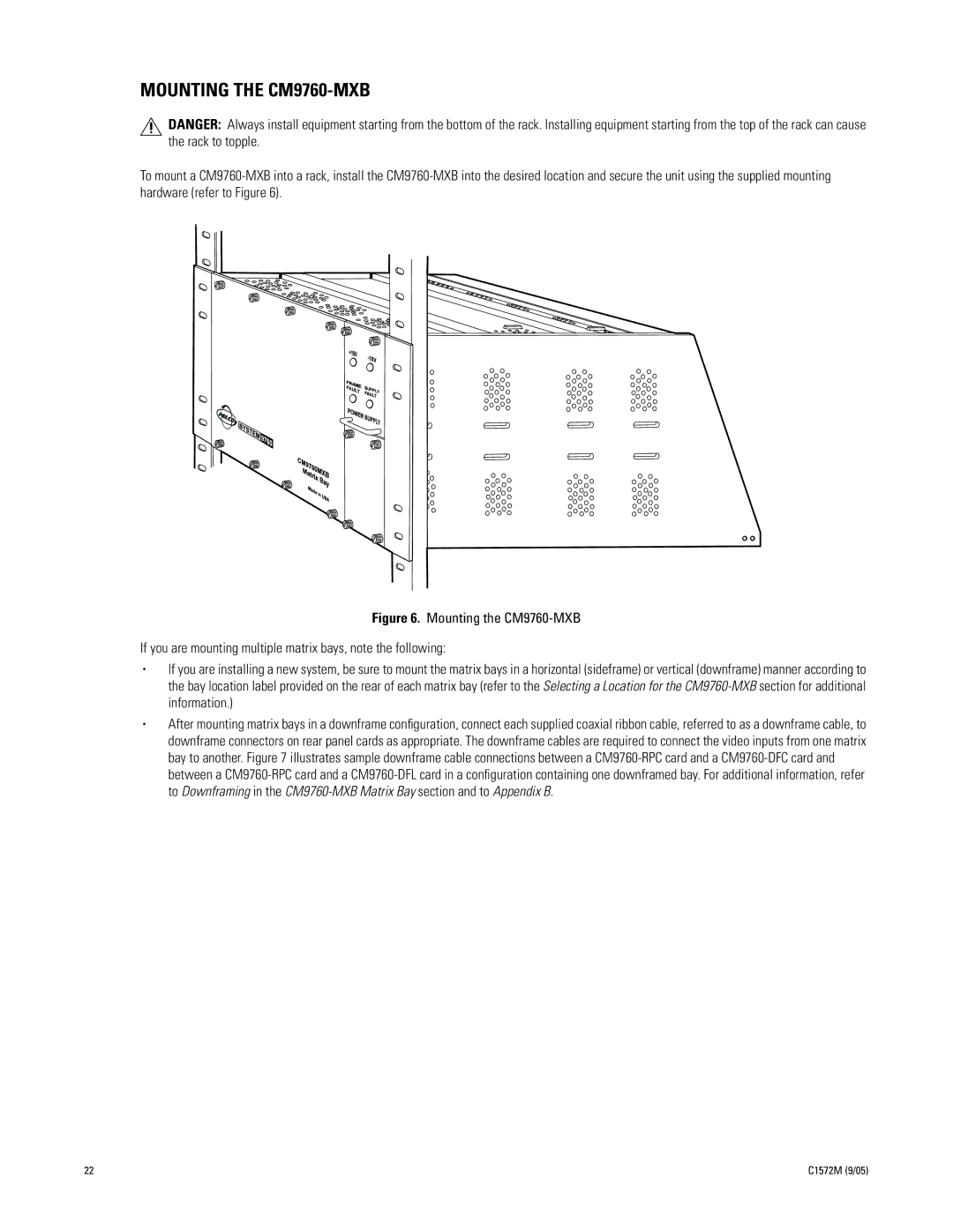 Pelco System 9760 manual Mounting the CM9760-MXB 