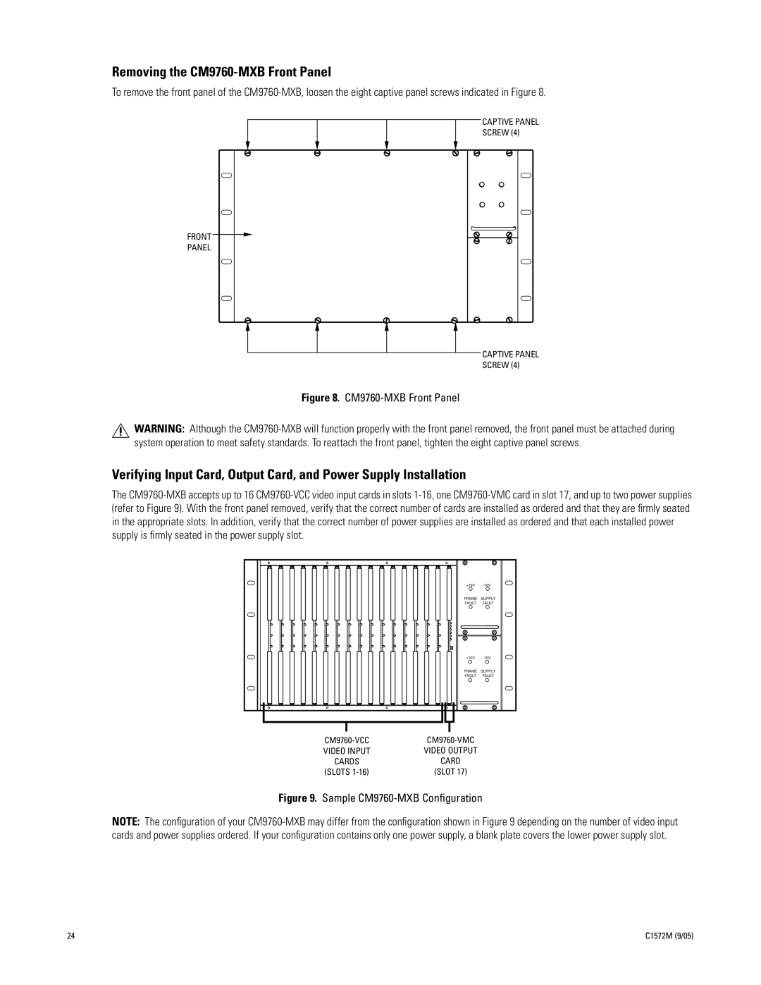 Pelco System 9760 manual Removing the CM9760-MXB Front Panel 