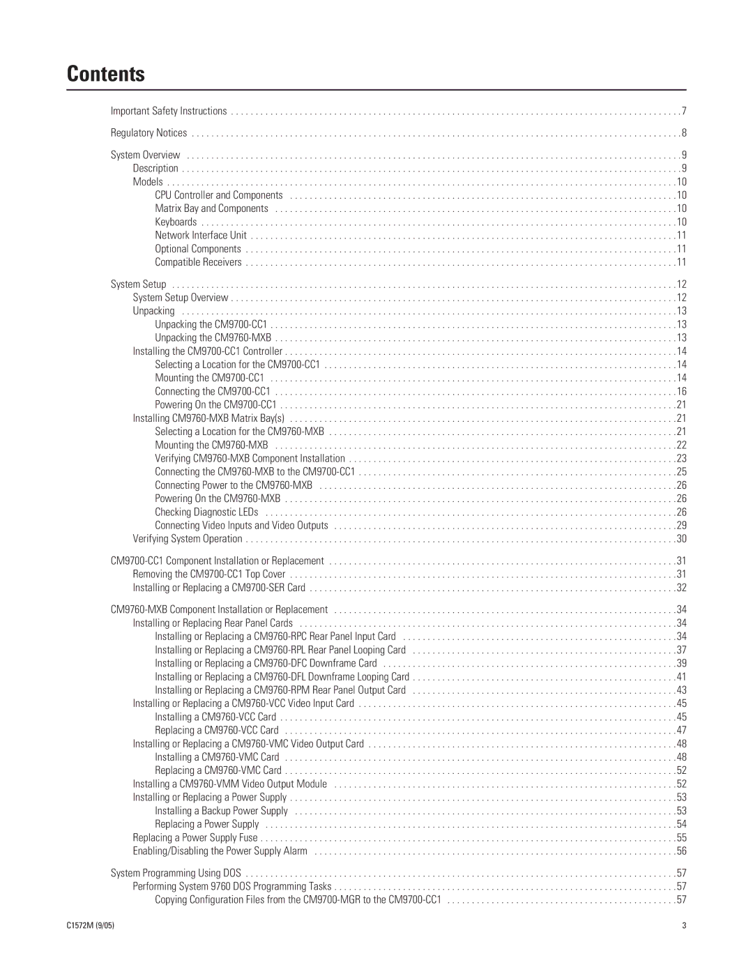 Pelco System 9760 manual Contents 