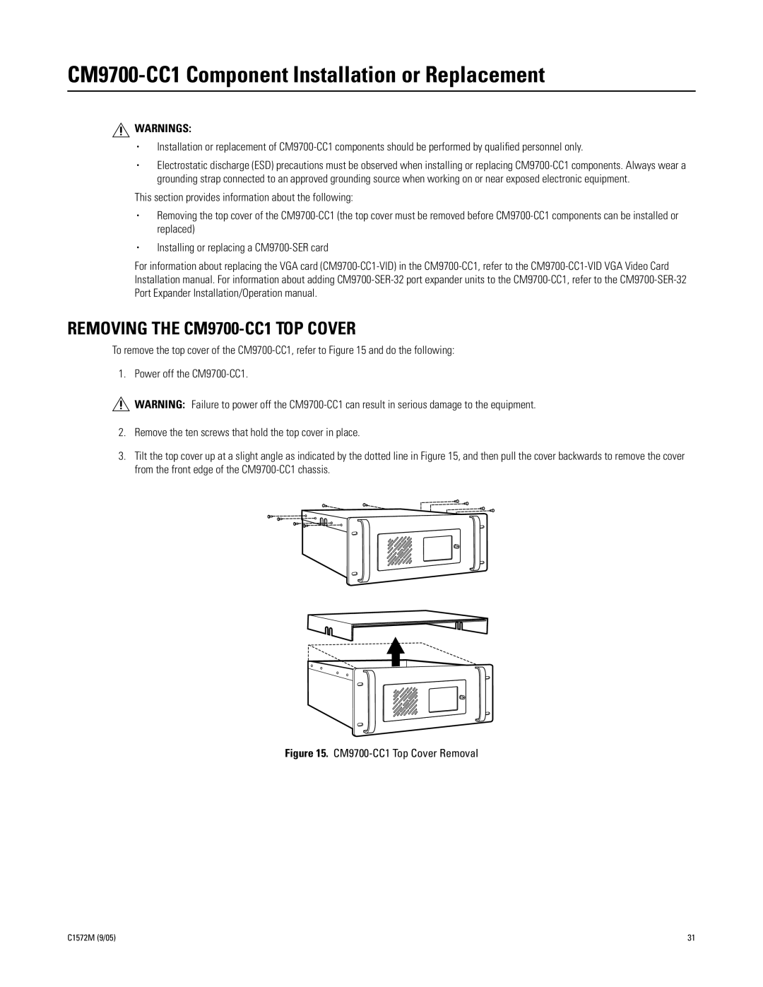 Pelco System 9760 manual CM9700-CC1 Component Installation or Replacement, Removing the CM9700-CC1 TOP Cover 