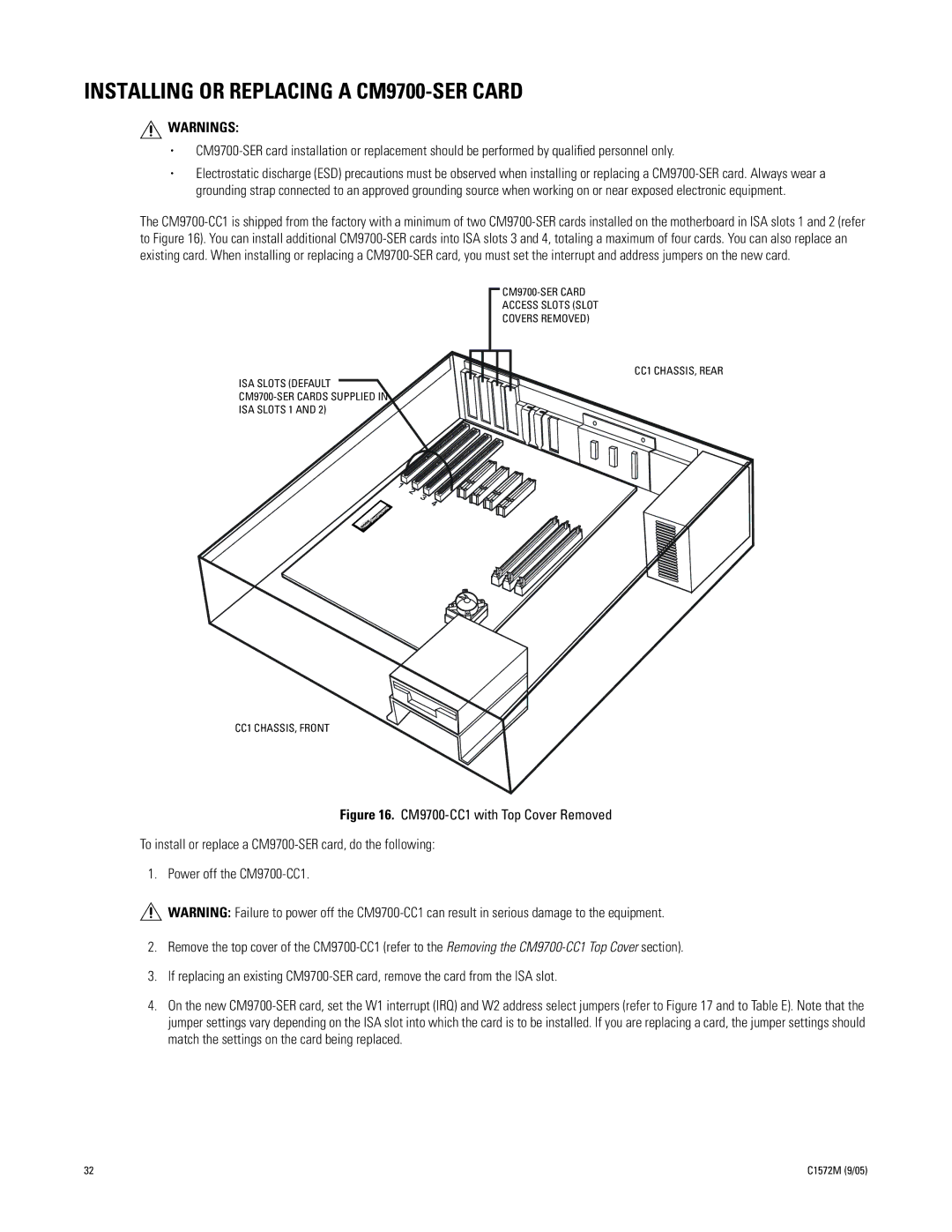 Pelco System 9760 manual Installing or Replacing a CM9700-SER Card 