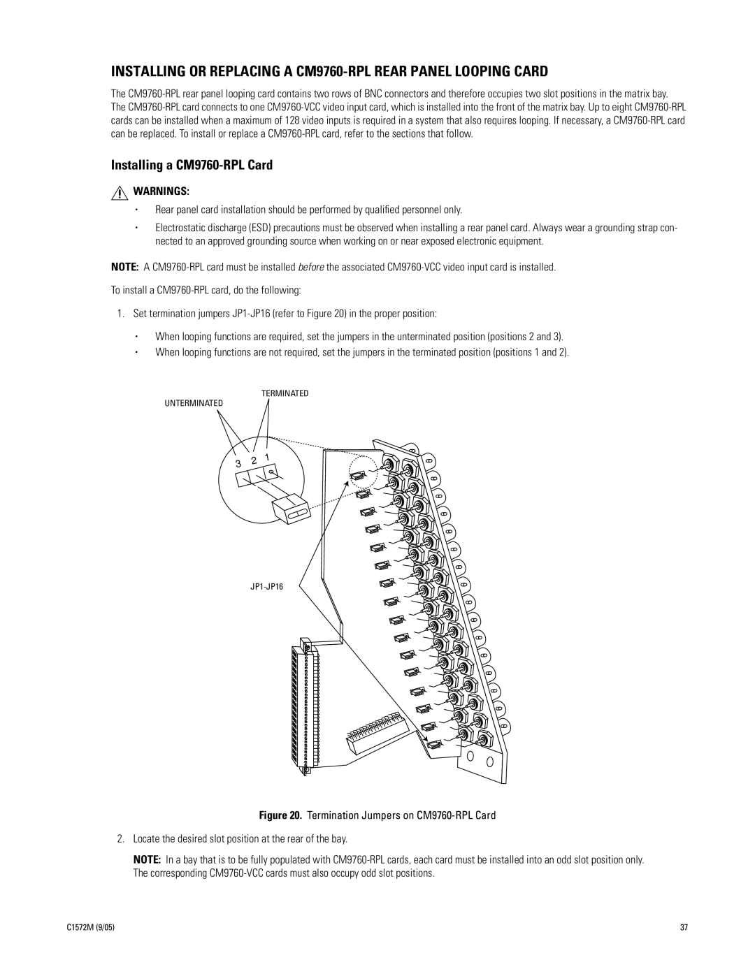 Pelco System 9760 manual Installing or Replacing a CM9760-RPL Rear Panel Looping Card, Installing a CM9760-RPL Card 