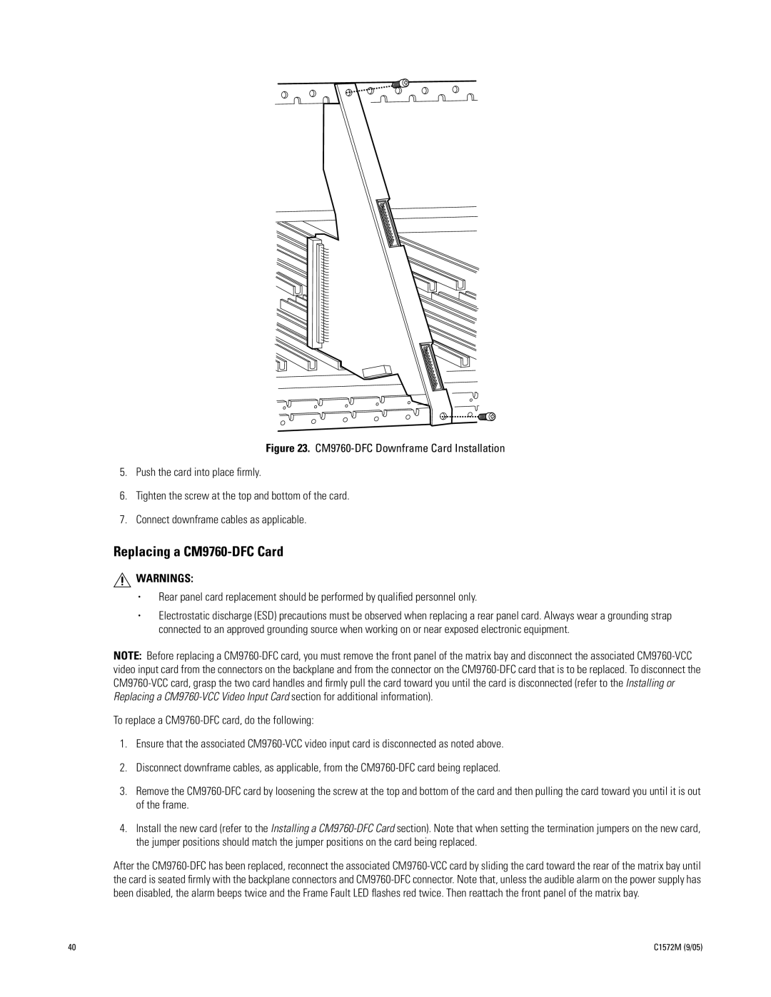 Pelco System 9760 manual Replacing a CM9760-DFC Card 