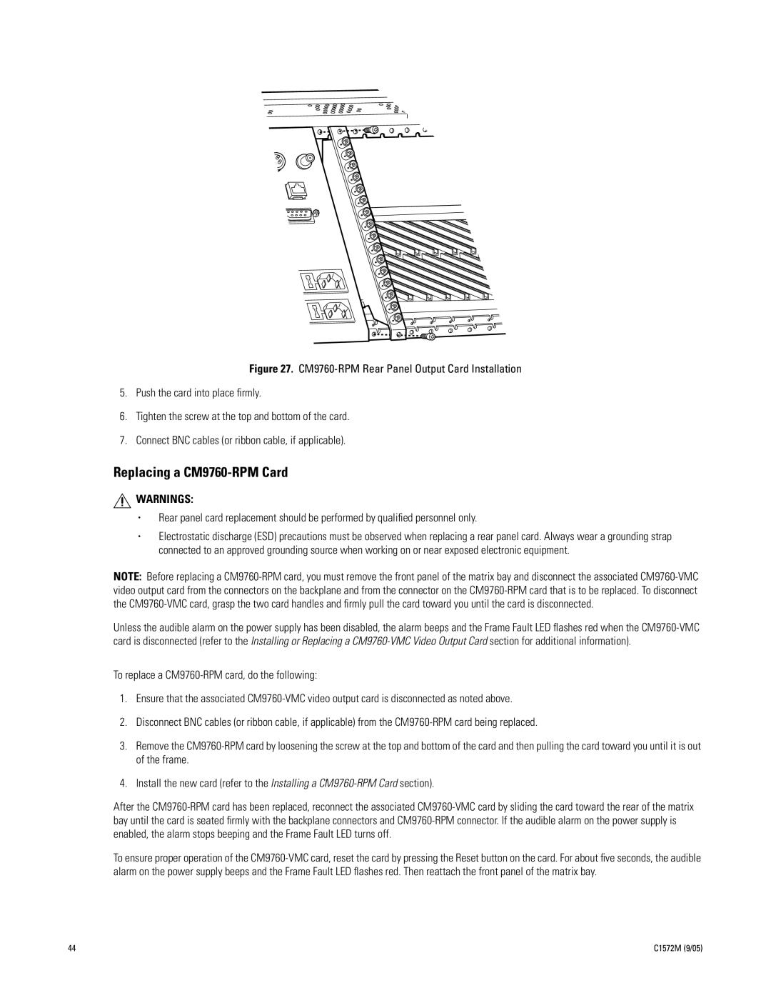 Pelco System 9760 manual Replacing a CM9760-RPM Card 