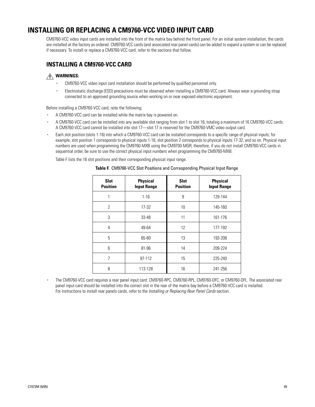 Pelco System 9760 manual Installing or Replacing a CM9760-VCC Video Input Card, Installing a CM9760-VCC Card, Slot Physical 