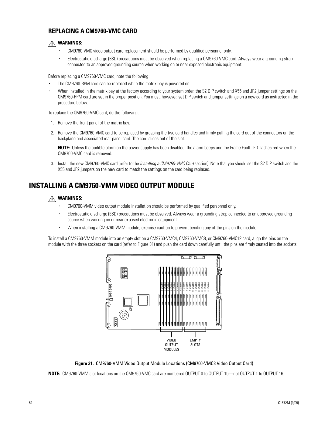 Pelco System 9760 manual Installing a CM9760-VMM Video Output Module, Replacing a CM9760-VMC Card 