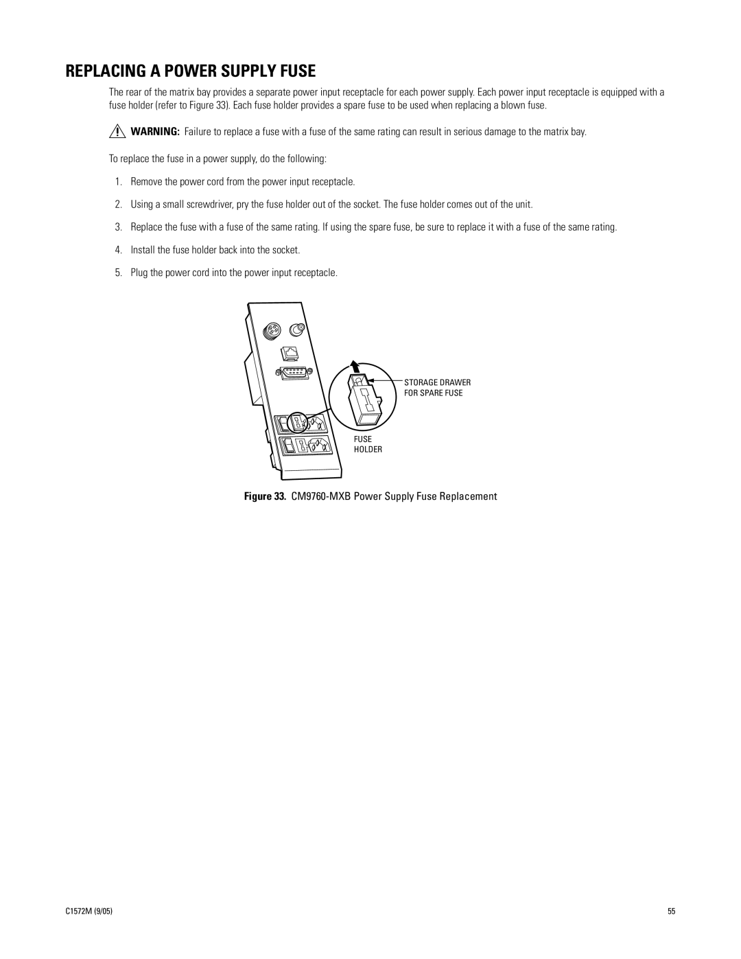 Pelco System 9760 manual Replacing a Power Supply Fuse, CM9760-MXB Power Supply Fuse Replacement 