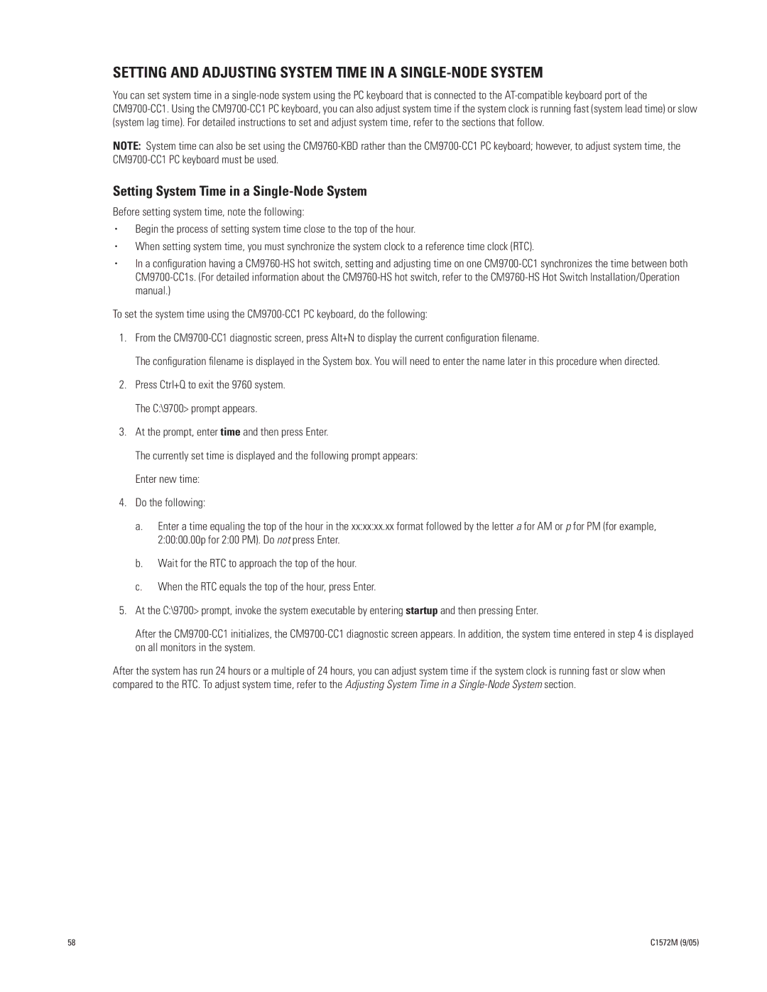 Pelco System 9760 Setting and Adjusting System Time in a SINGLE-NODE System, Setting System Time in a Single-Node System 