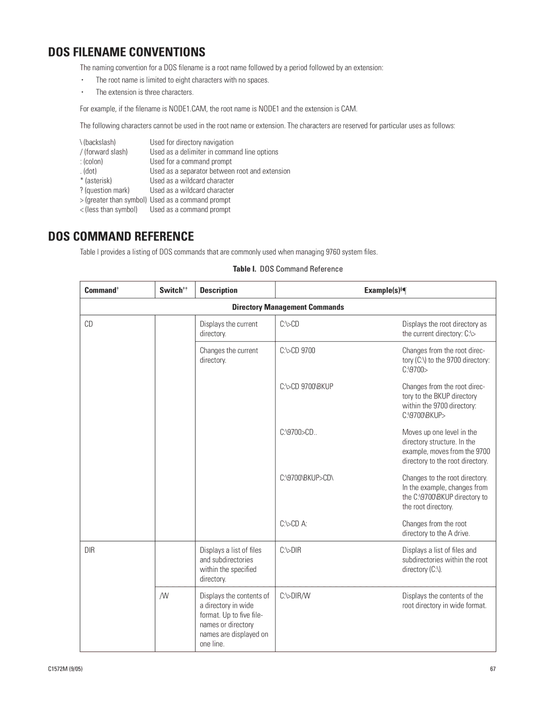 Pelco System 9760 manual DOS Filename Conventions, DOS Command Reference 