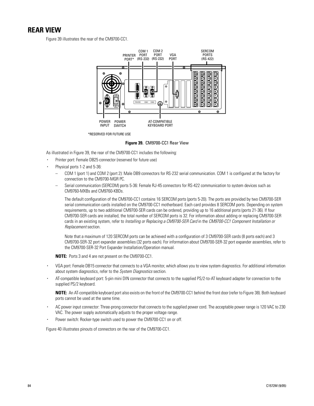 Pelco System 9760 manual Rear View, Illustrates the rear of the CM9700-CC1 