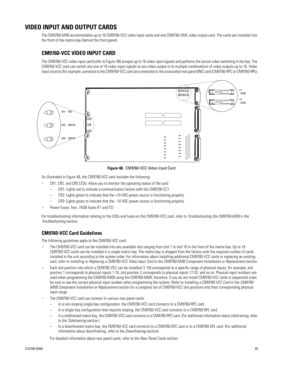 Pelco System 9760 manual Video Input and Output Cards, CM9760-VCC Video Input Card, CM9760-VCC Card Guidelines 