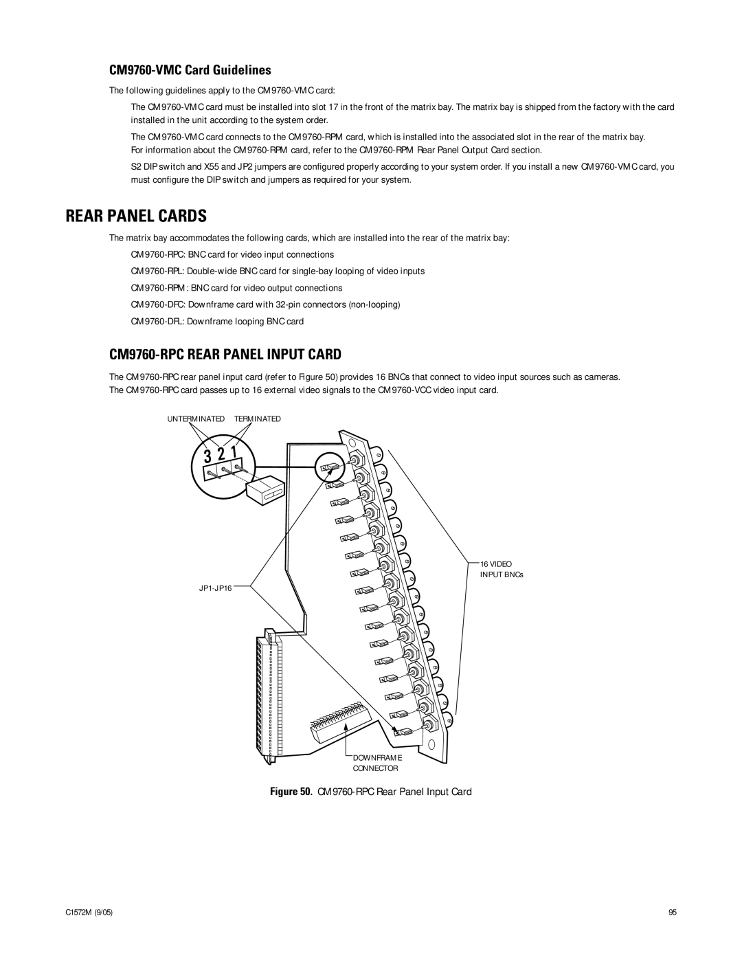 Pelco System 9760 manual Rear Panel Cards, CM9760-RPC Rear Panel Input Card, CM9760-VMC Card Guidelines 